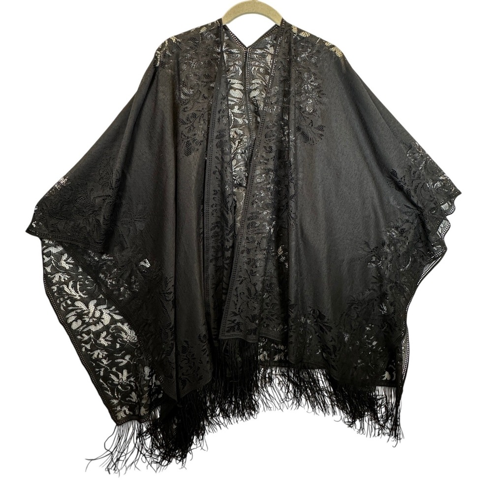 READ Just Be Women Black Floral Lace Fringe Kimono Wrap Shawl One Size Boho Goth